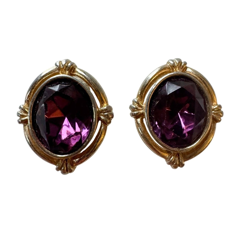 VNTBAVON Oval‎ Purple Crystal Clip On Earrings Gold Tone Victorian Revival